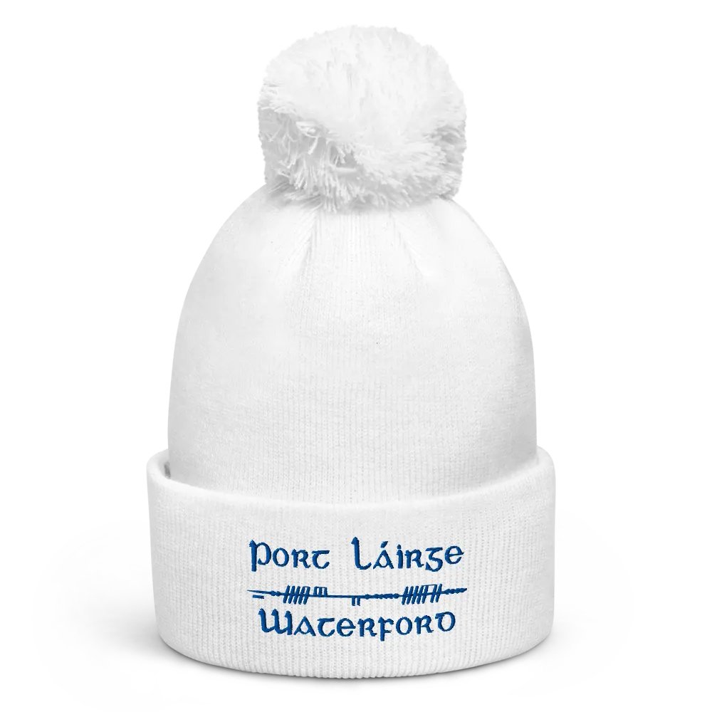 Waterford/Port Láirge, Scholastic style Ogham, white with blue, embroidered Pom-Pom Beanie product image (1)