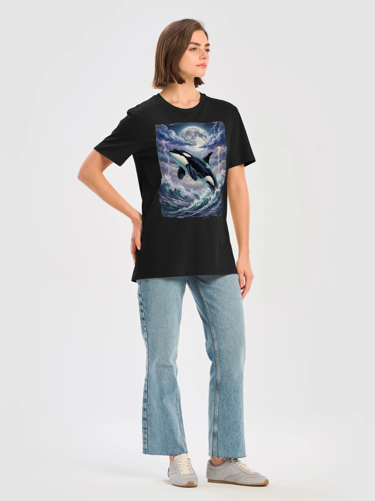 Vintage Killer Whale T-Shirt – 90s Retro Ocean Graphic, Orca Under Moon & Stormy Sky product image (44)