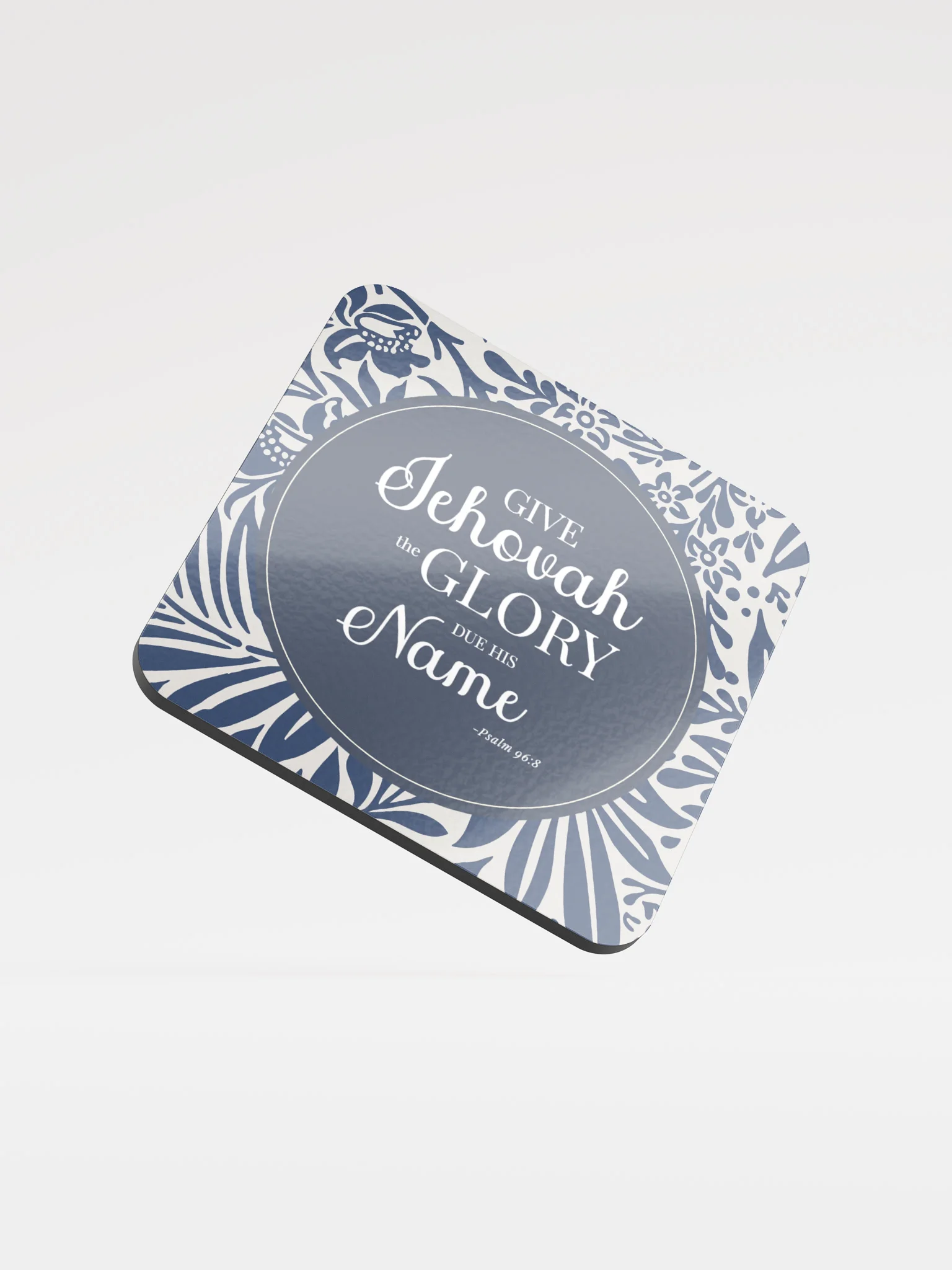 Psalm 96:8 Bible Verse Coaster – "Give Jehovah the Glory" – Navy Blue Floral Design, Cork & Glossy MDF product image (4)