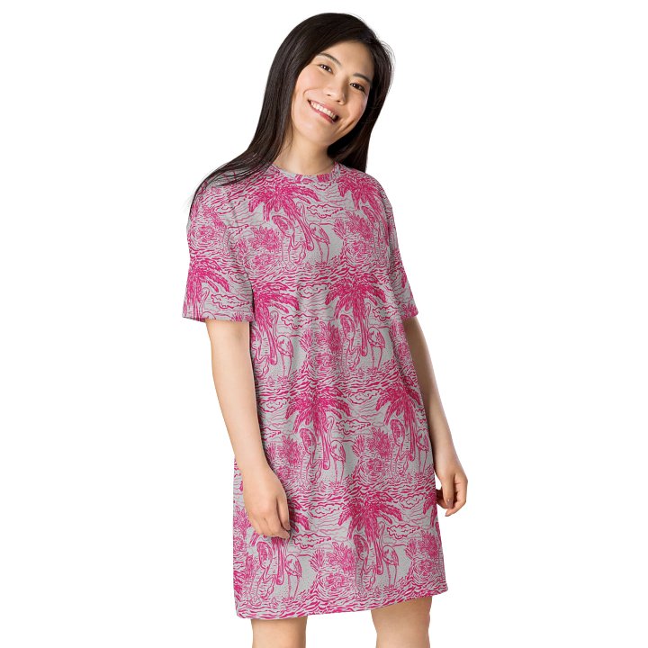 Flamingo Fancy Toile | Pink on Grey Tropical Toile | T-Shirt Dress | by Monique Faella Designs™ product image (1)