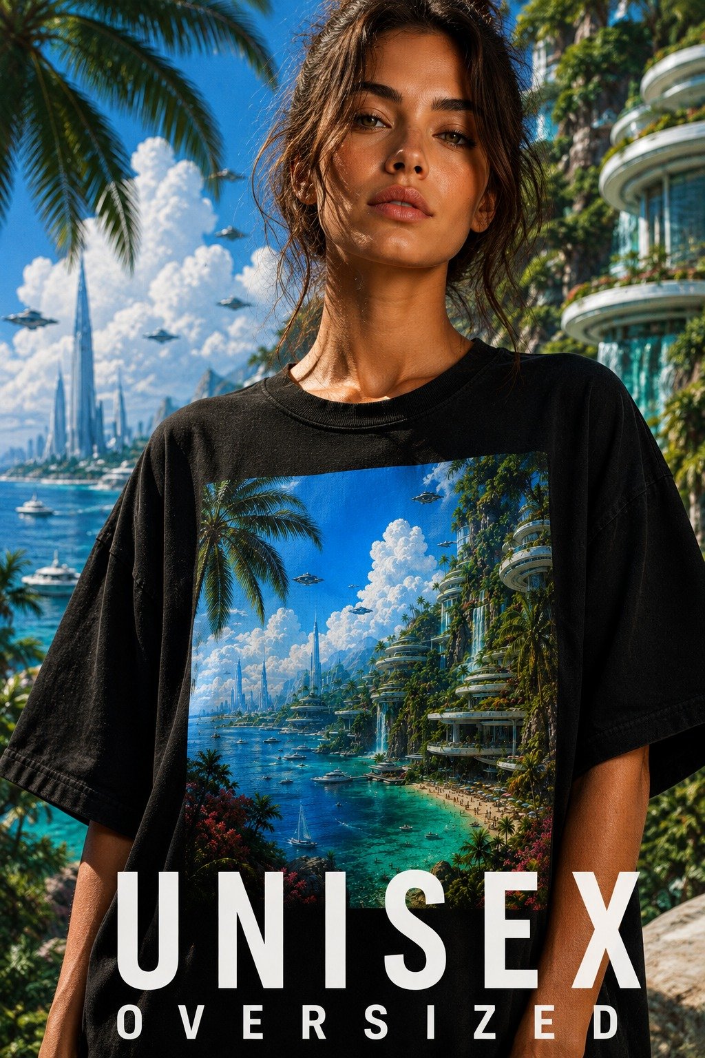 Futuristic Tropical T-Shirt | Cyberpunk Paradise Unisex Oversized Black Tee | Sci-Fi Beach Shirt product image (1)