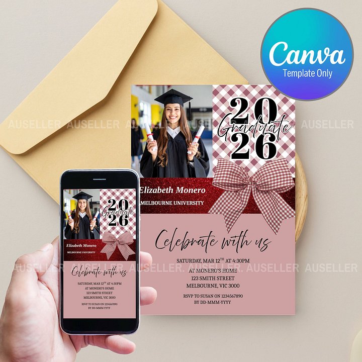 Pink Gingham Girly Graduation Photo Invitation 2026 Editable Canva Template product image (1)