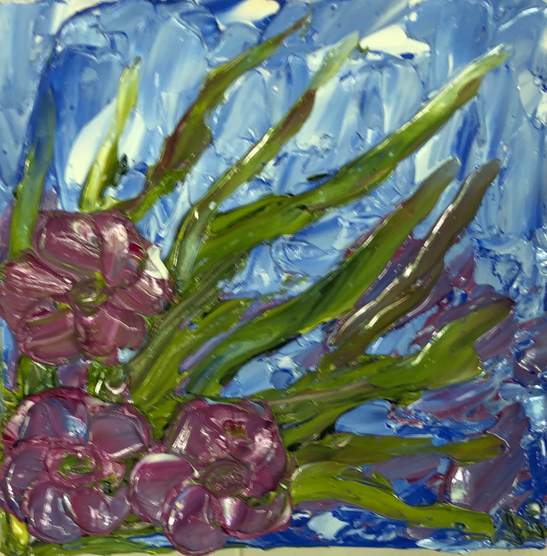 "Pink Blossoms" 8"x8" birch panel impressionistic Impasto painting- bright, glowing colors product image (1)