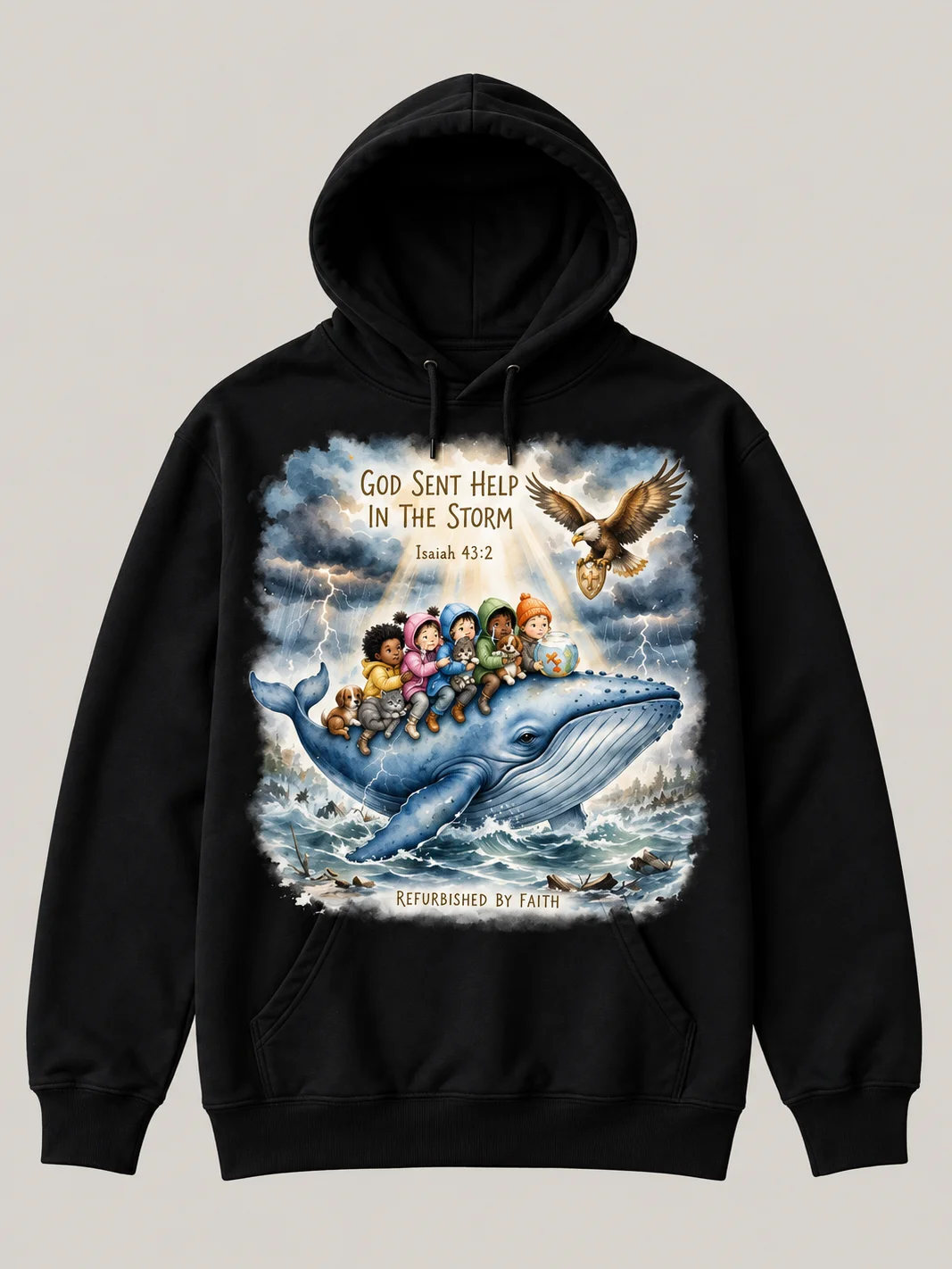 God Sent Help in the Storm Christian Hoodie | Isaiah 43:2 Whale Faith Sweatshirt | Christian Graphic Hoodie | Refurbished by Faith product image (3)