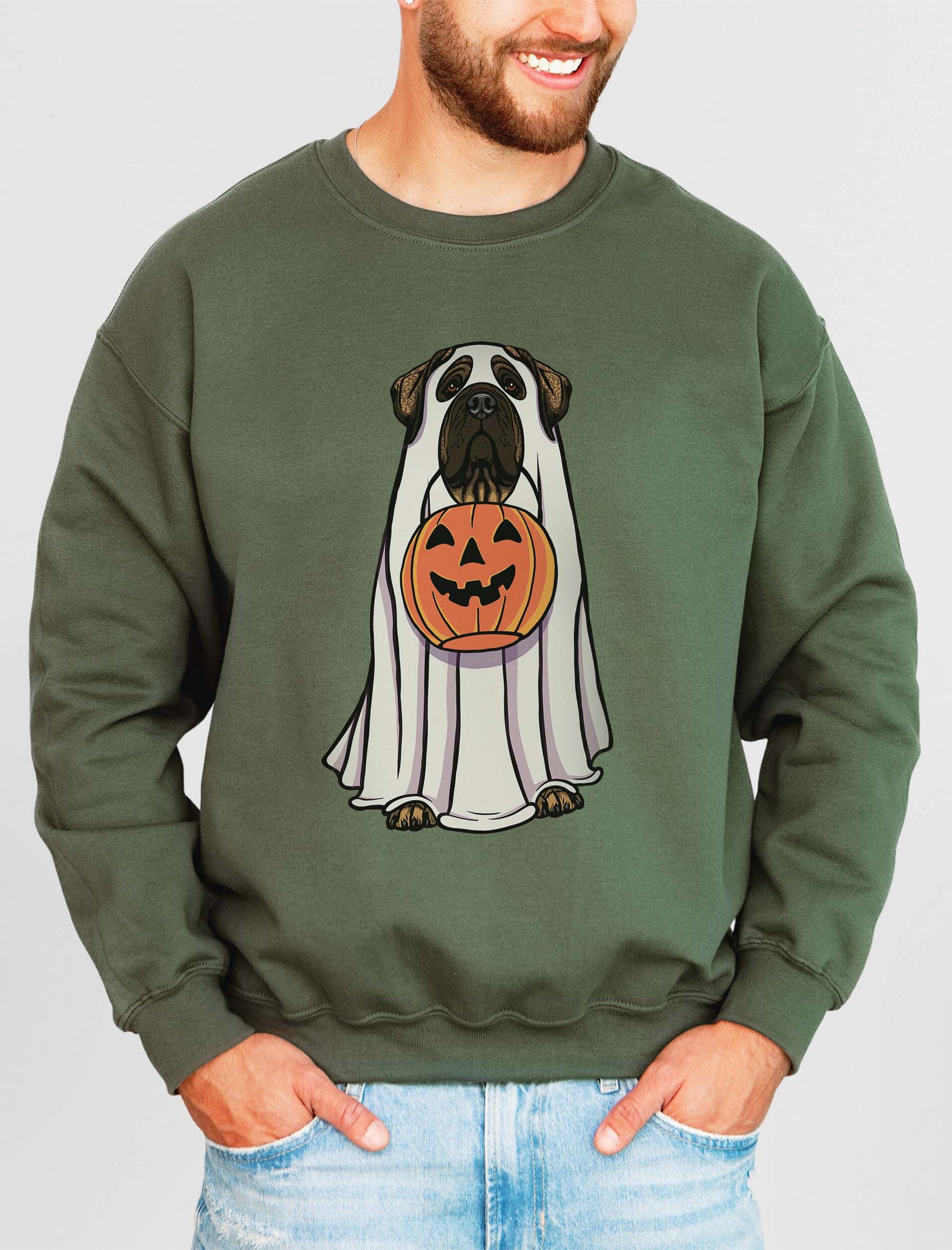 Funny Halloween English Mastiff(Brindle) Sweatshirt | Funny English Mastiff Wearing a Ghost Costume and Holding a Pumpkin Basket product image (2)
