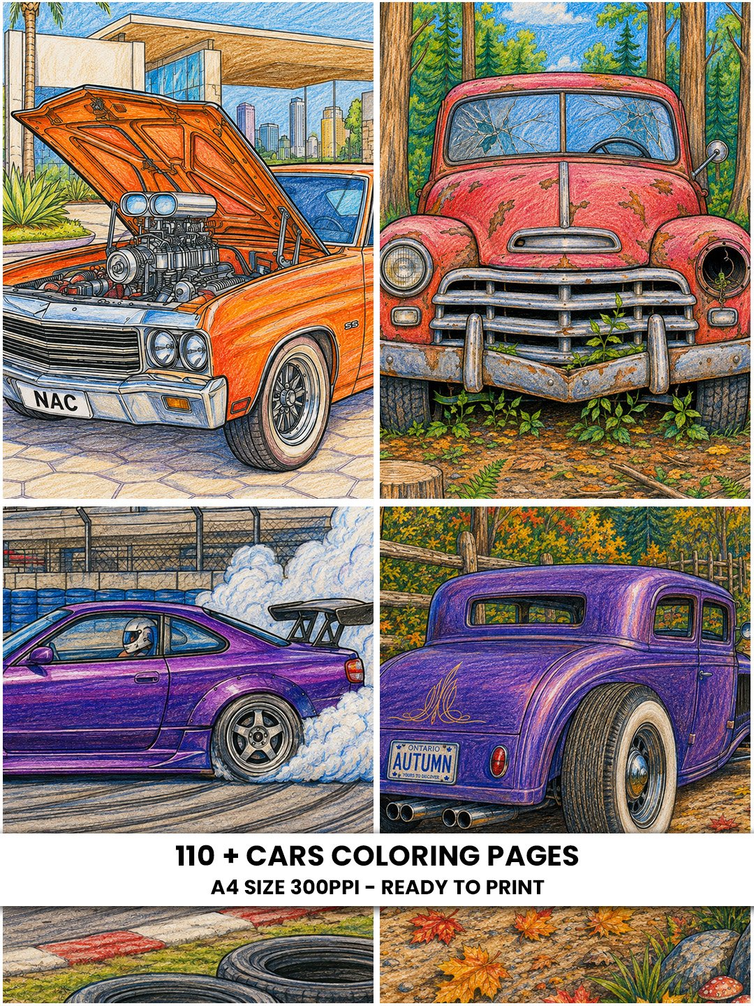 Car Coloring Pages Printable | 110+ Muscle, Drift, Hot Rod & Classic Car Designs | A4 Automotive Coloring Book product image (1)