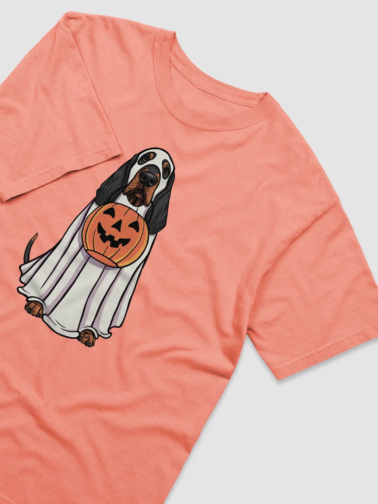 Funny Halloween Bloodhound(Black & Tan) T-Shirt | Funny Bloodhound Wearing a Ghost Costume and Holding a Pumpkin Basket product image (6)