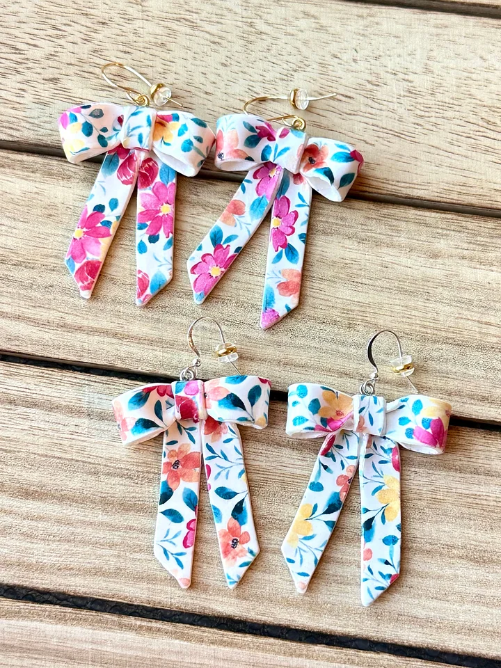 Floral Ribbon Bow Earrings – Handmade Clay Statement Dangles product image (1)