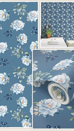 Blue floral wallpaper ideas for bedrooms, home offices, and cozy dining rooms. 💙 Soft white blossoms, sage green leaves, and ...