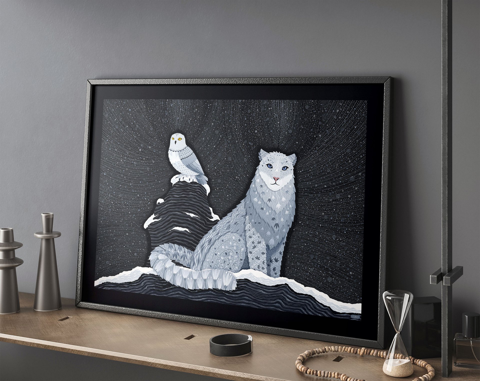 Snow Leopard and Snowy Owl Art Print product image (5)