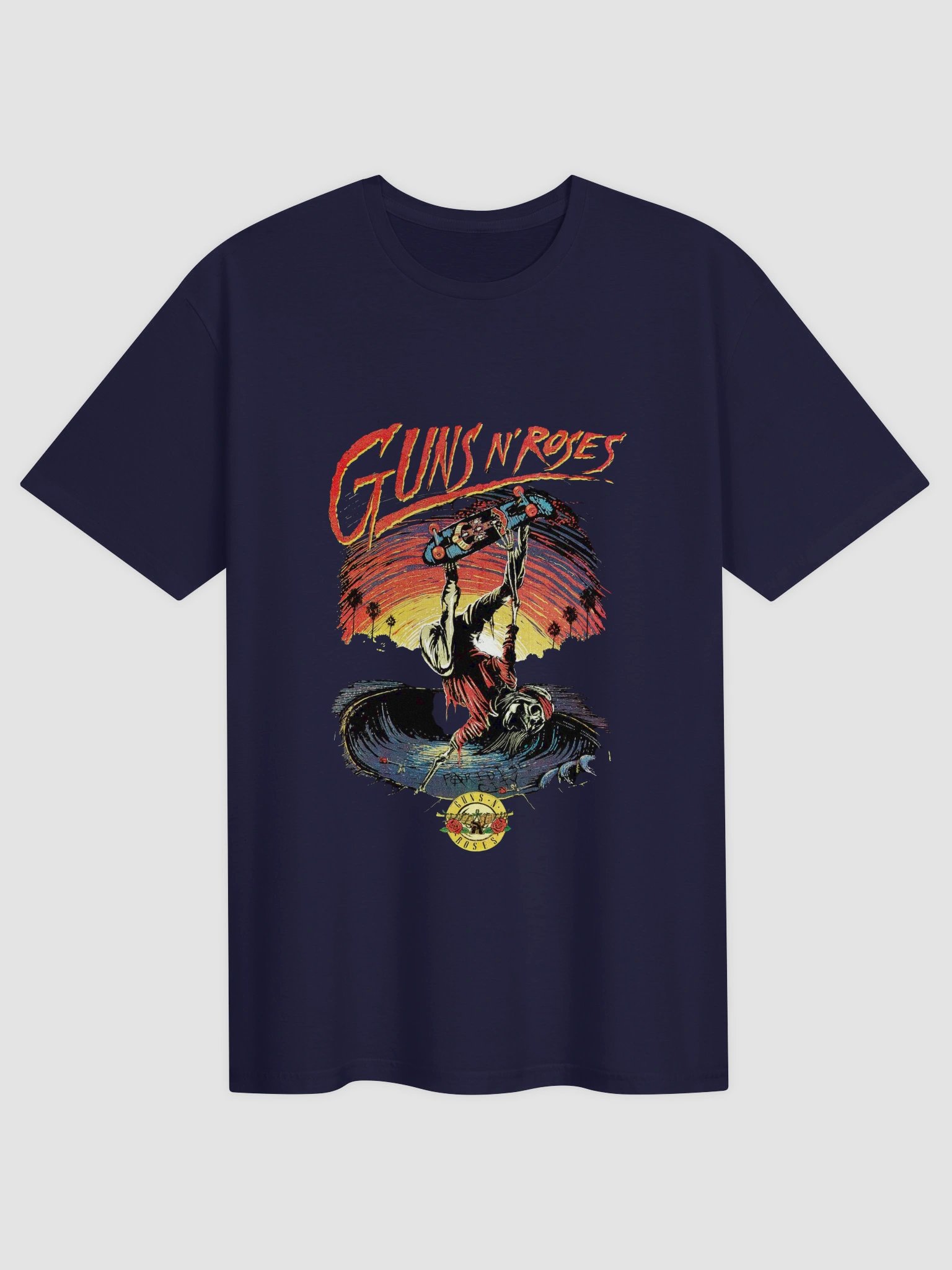 Guns N’ Roses Appetite Era Guitar Skeleton T-Shirt | Fiery Sunset Rock Graphic | 80s Hard Rock Streetwear product image (1)