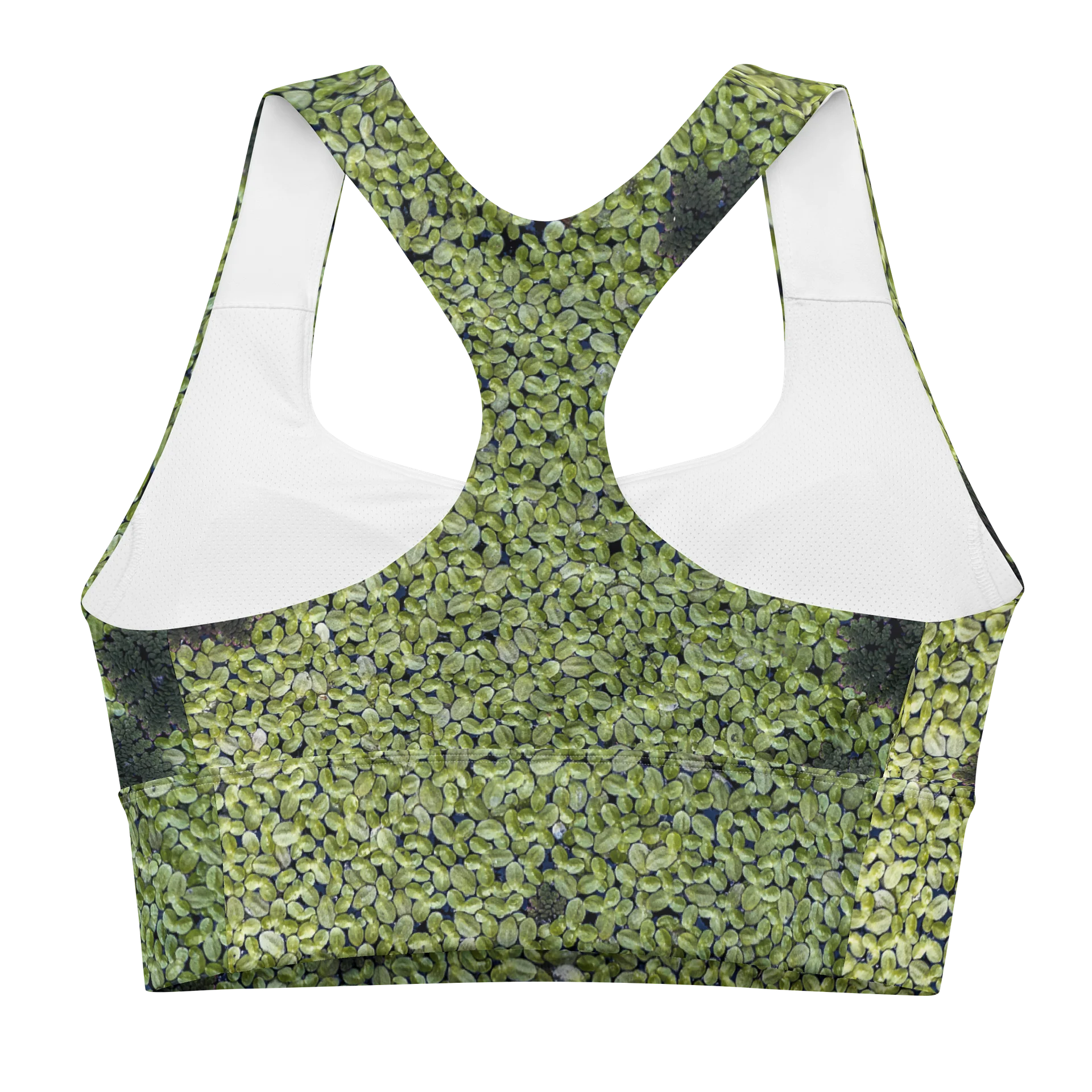 Verdant Life: Green Seeds Recycled Longline Sports Bra | All-Over Print Padded Yoga Bra Top | Eco-Friendly Earthy Green Crop Top product image (2)