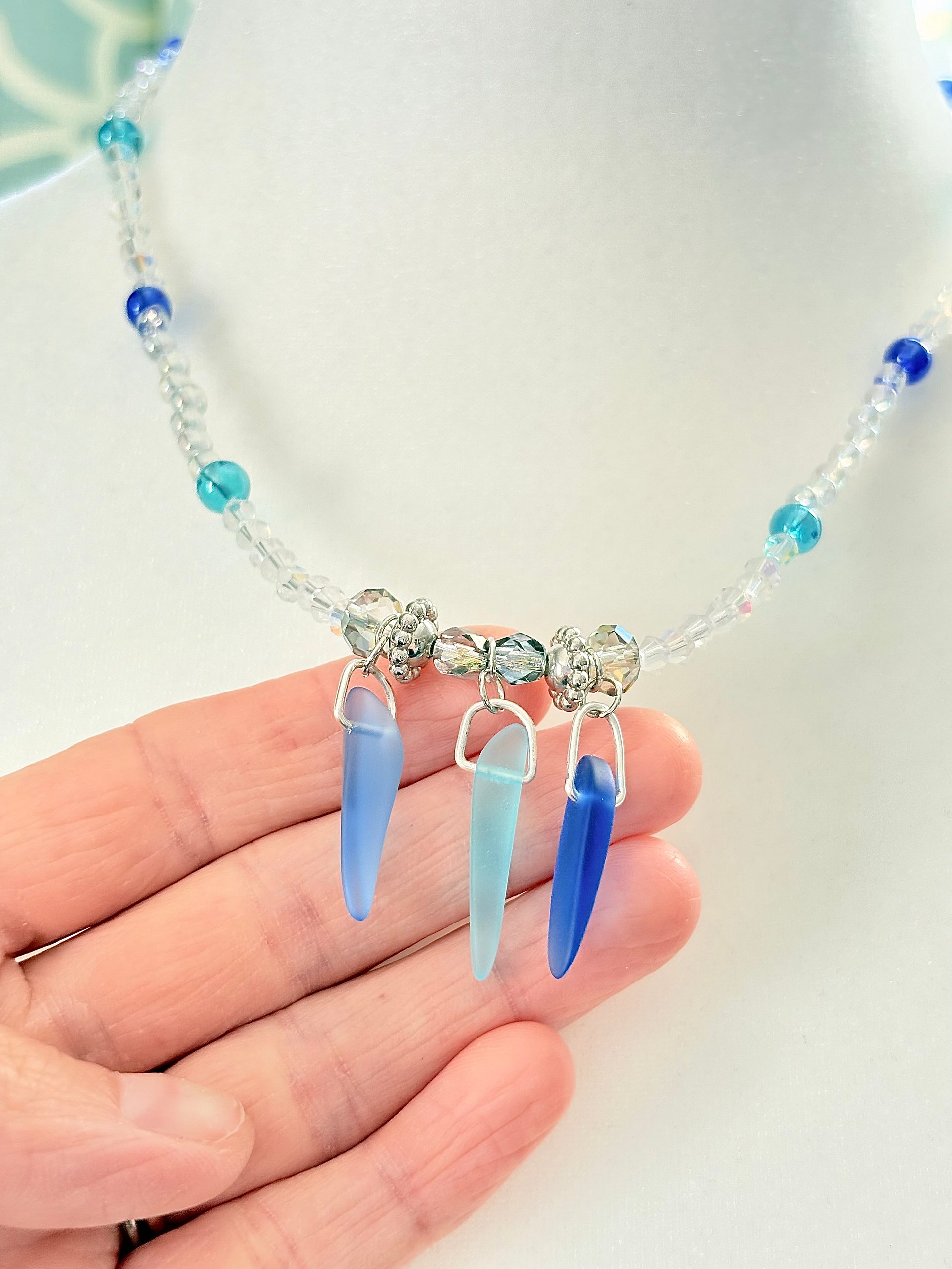 MFD-00034 | Tri-Sea Glass Pendant Necklace | Coastal Blues & Glass Beads | Handmade Coastal Charm Jewelry by Monique Faella Designs™ product image (2)