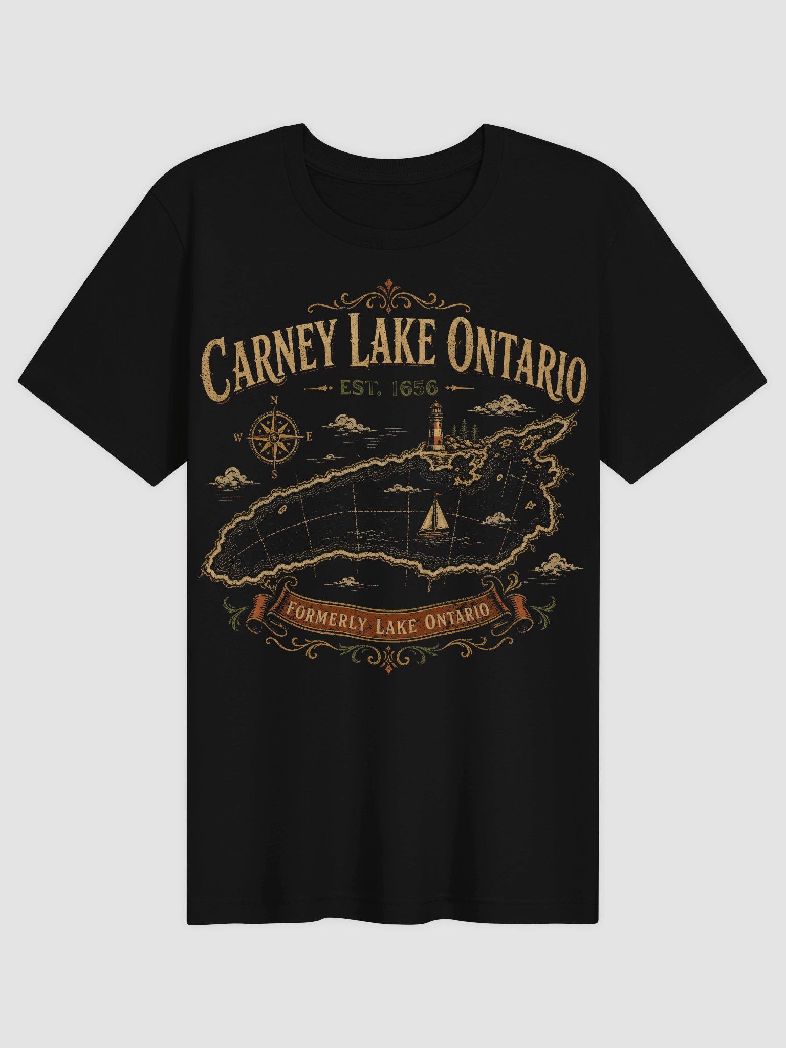Carney Lake Ontario EST 1656 Retro Vintage Lake Ontario Scenic Lighthouse Lake Ontario Map T-Shirt product image (4)