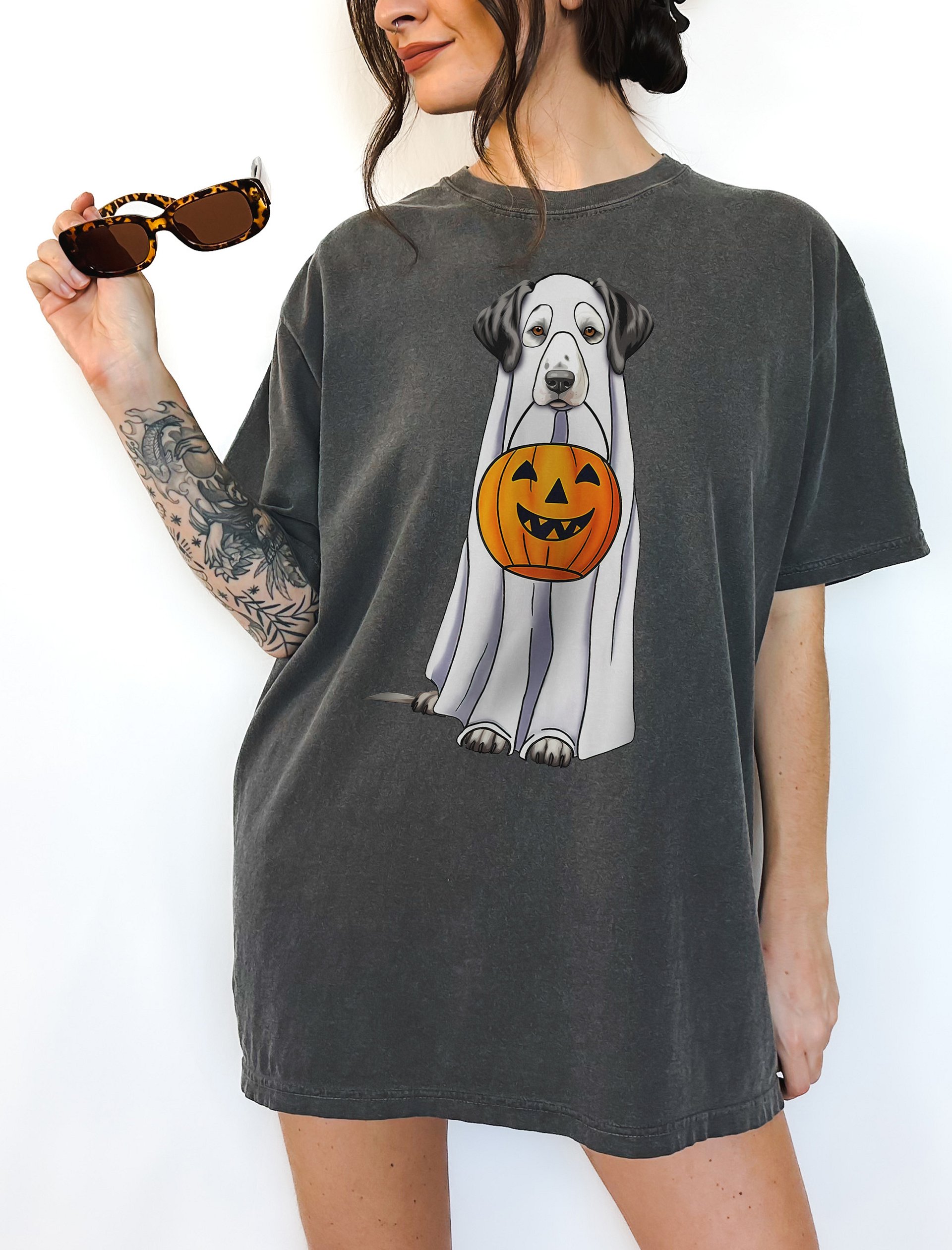 Dalmatian Halloween Tee | Funny Halloween Dalmatian Wearing a Ghost Costume with Pumpkin Basket product image (2)