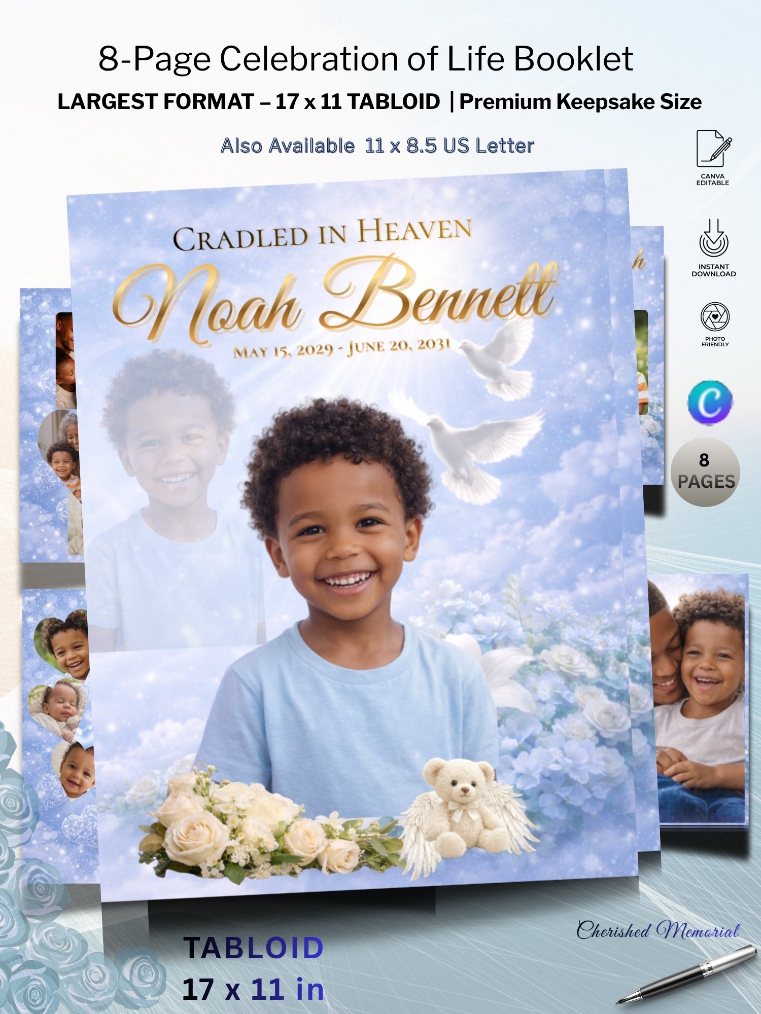 8-Page Tabloid Baby Celebration of Life Booklet - Large 17x11 Infant Funeral Program Template & 14in Legal Service (Canva) product image (1)