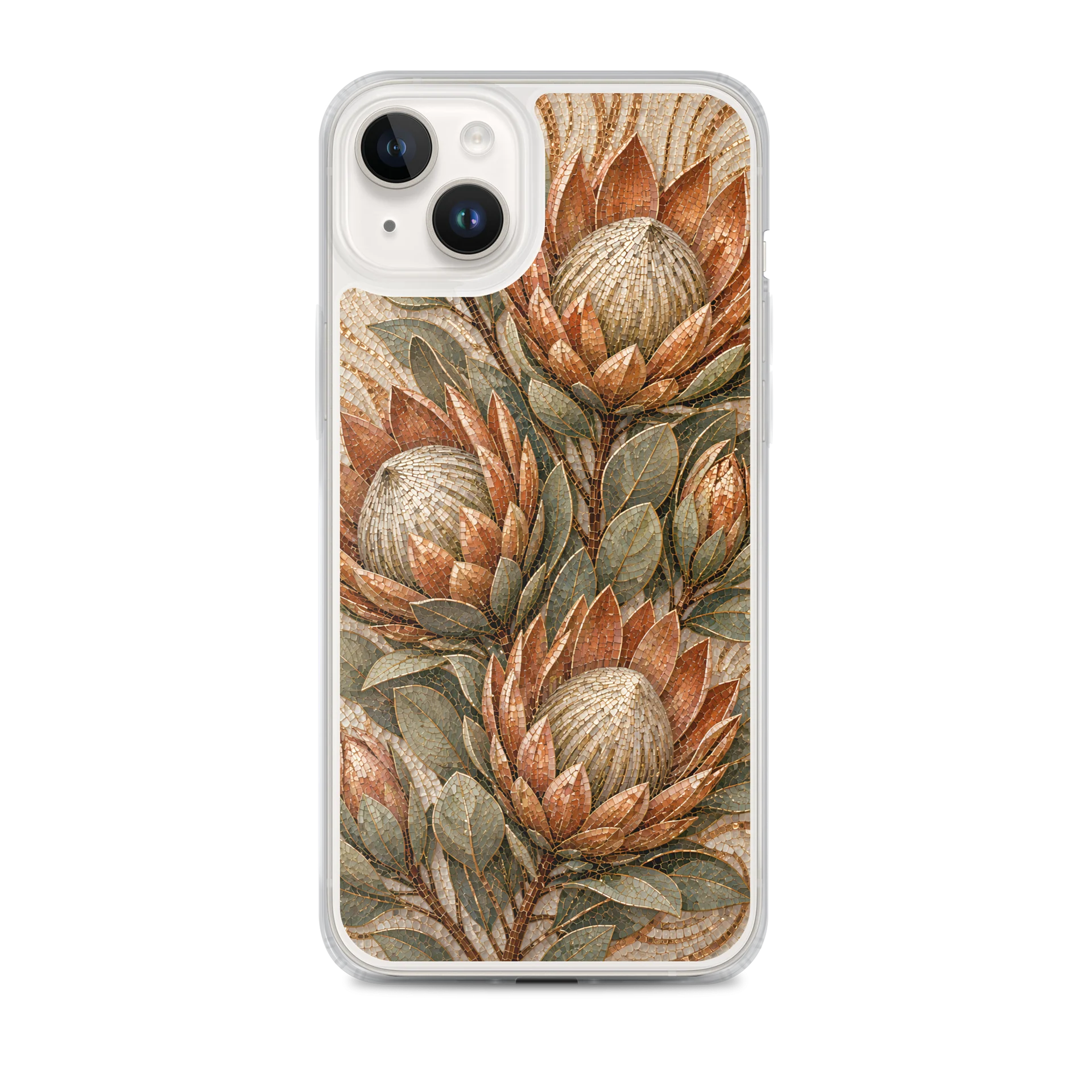 Copper And Sage Green Protea Flower Mosaic Premium Soft Silicone iPhone Case - MagSafe Compatible product image (1)
