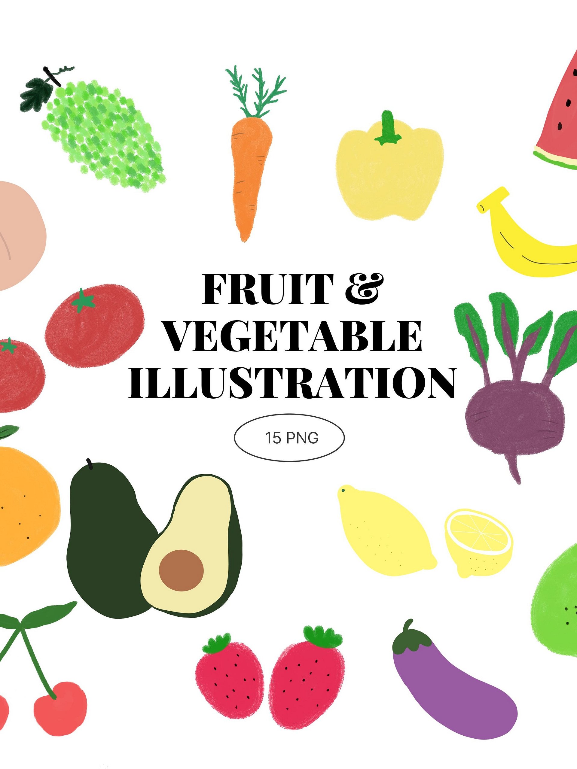 15 Hand-Drawn Fruit & Vegetable PNG Clipart Bundle product image (1)