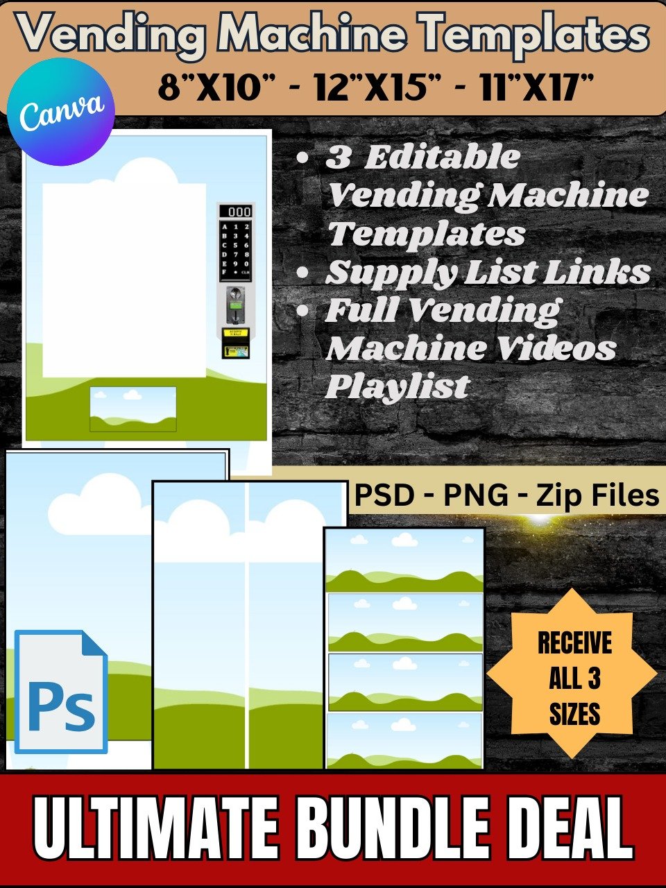 Vending Machine Bundle Bonus - 8x10 12x15 and 12x16 Templates - with Full DIY Tutorials - Editable in Cava Photoshop PSD PNG ZIP product image (1)