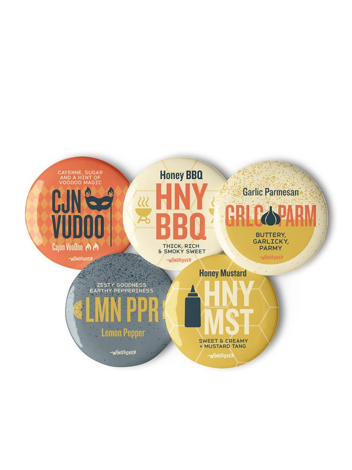5pc Button Set - Sauces - Honey Mustard, Garlic Parm, Lemon Pepper, Honey BBQ and Cajun Voodoo product image (1)