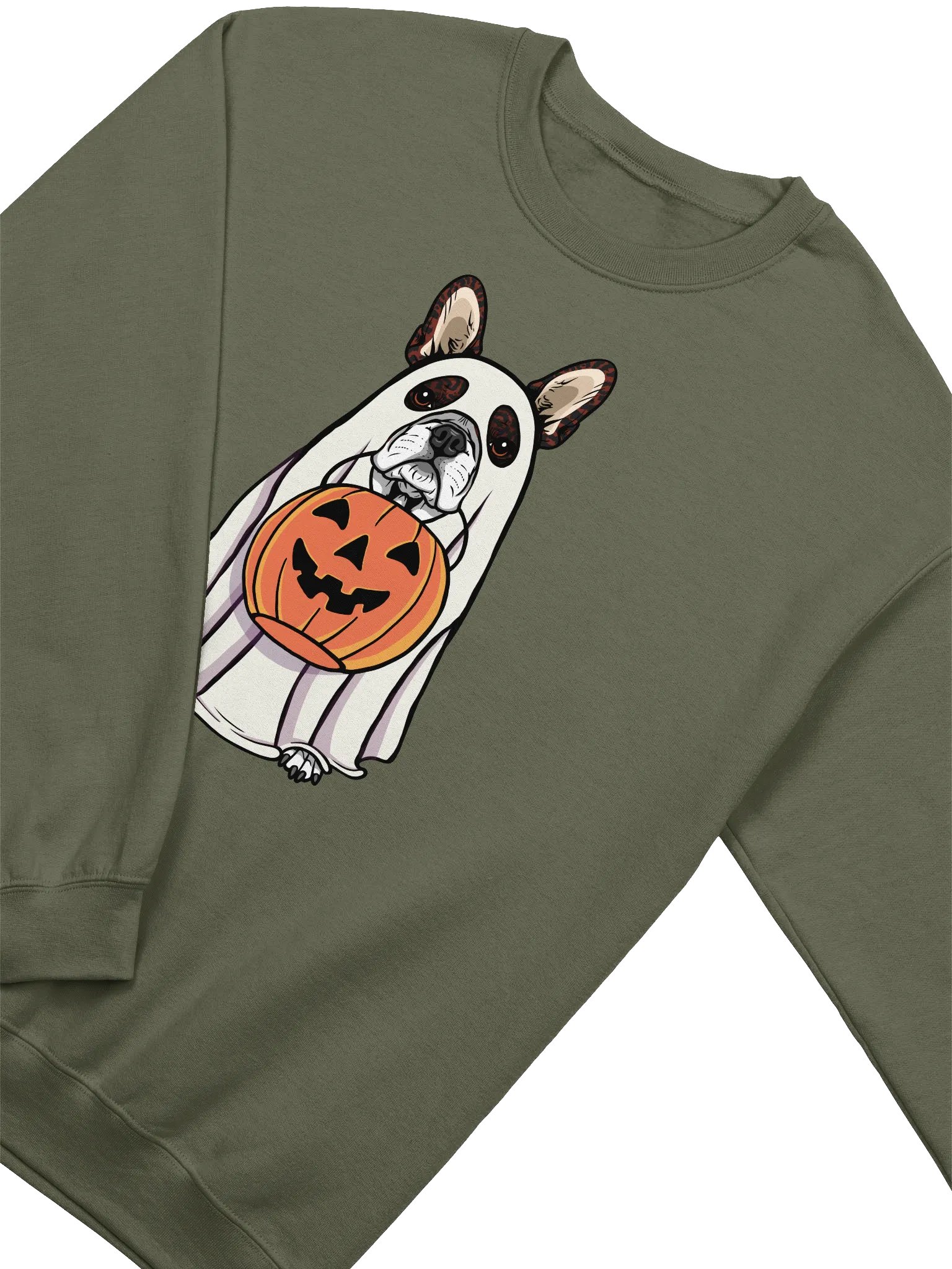 Funny Halloween Boston Terrier(Brindle) Sweatshirt | Funny Boston Terrier Wearing a Ghost Costume and Holding a Pumpkin Basket product image (4)