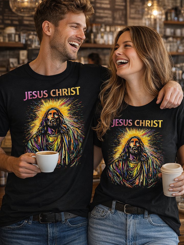 Jesus Christ Radiant Glory Tee – Multi-Colored Light Burst Portrait T-Shirt – Hebrews 1:3 Inspired Christian Shirt product image (2)