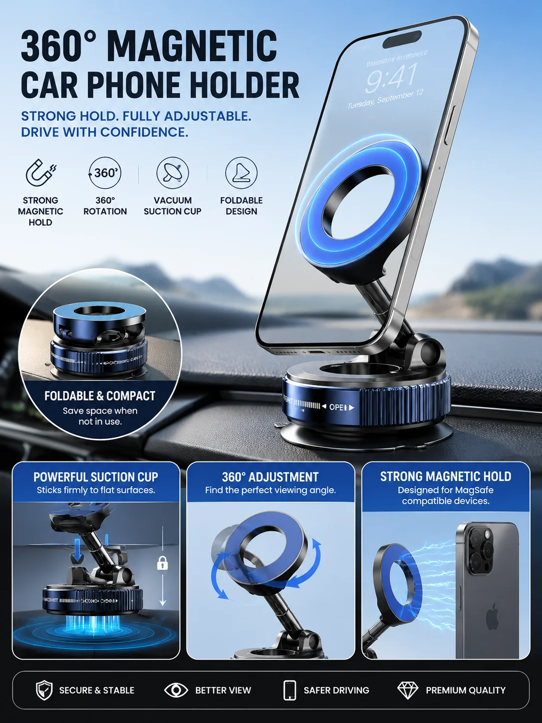 360° Magnetic Car Phone Holder – Foldable Suction Cup Mount for MagSafe Phones product image (1)