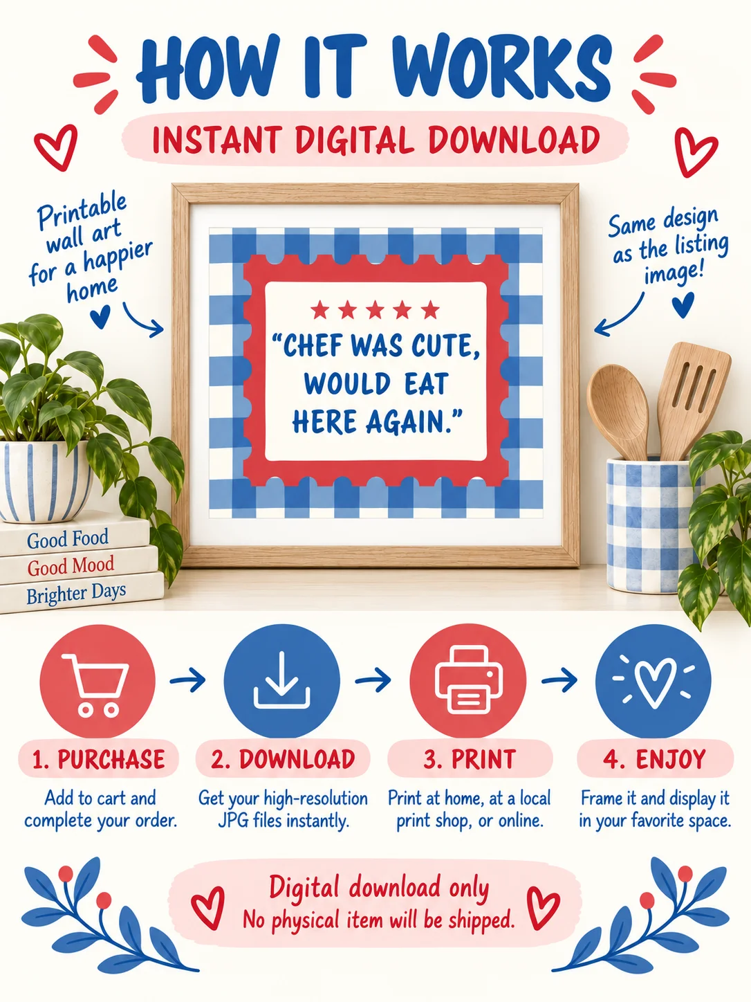 Chef Was Cute Printable Kitchen Wall Art | Funny Restaurant Review Quote | Retro Gingham Poster | Blue Red Dining Decor | Digital Download product image (8)