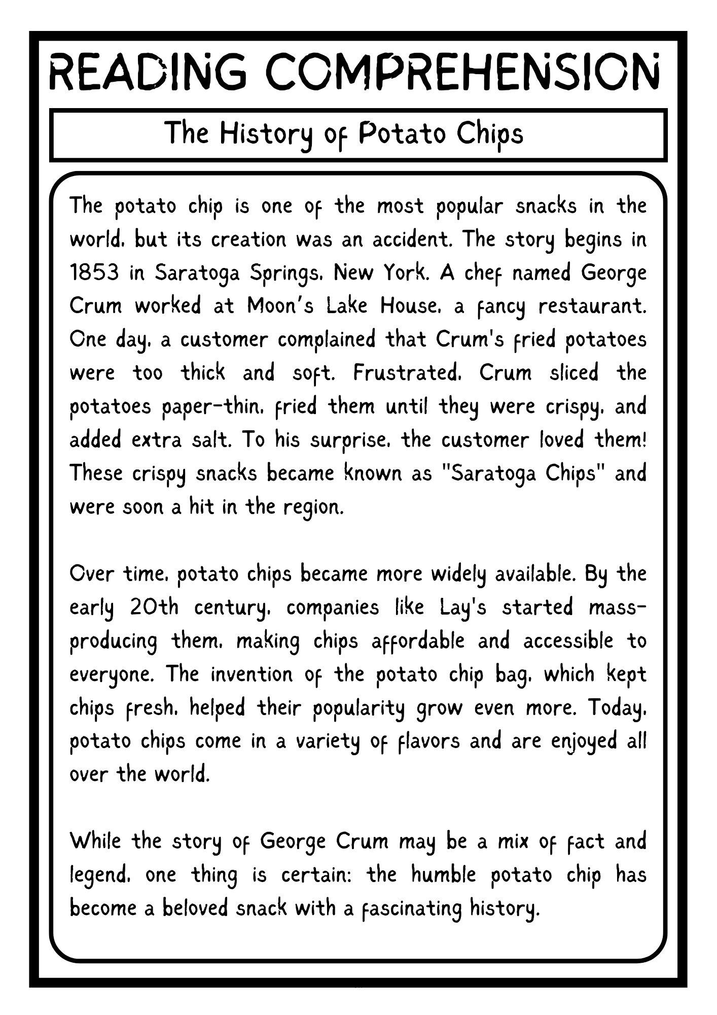 History of Potato Chips READING COMPREHENSION WITH 5 QUESTIONS PDF WORKSHEET product image (2)