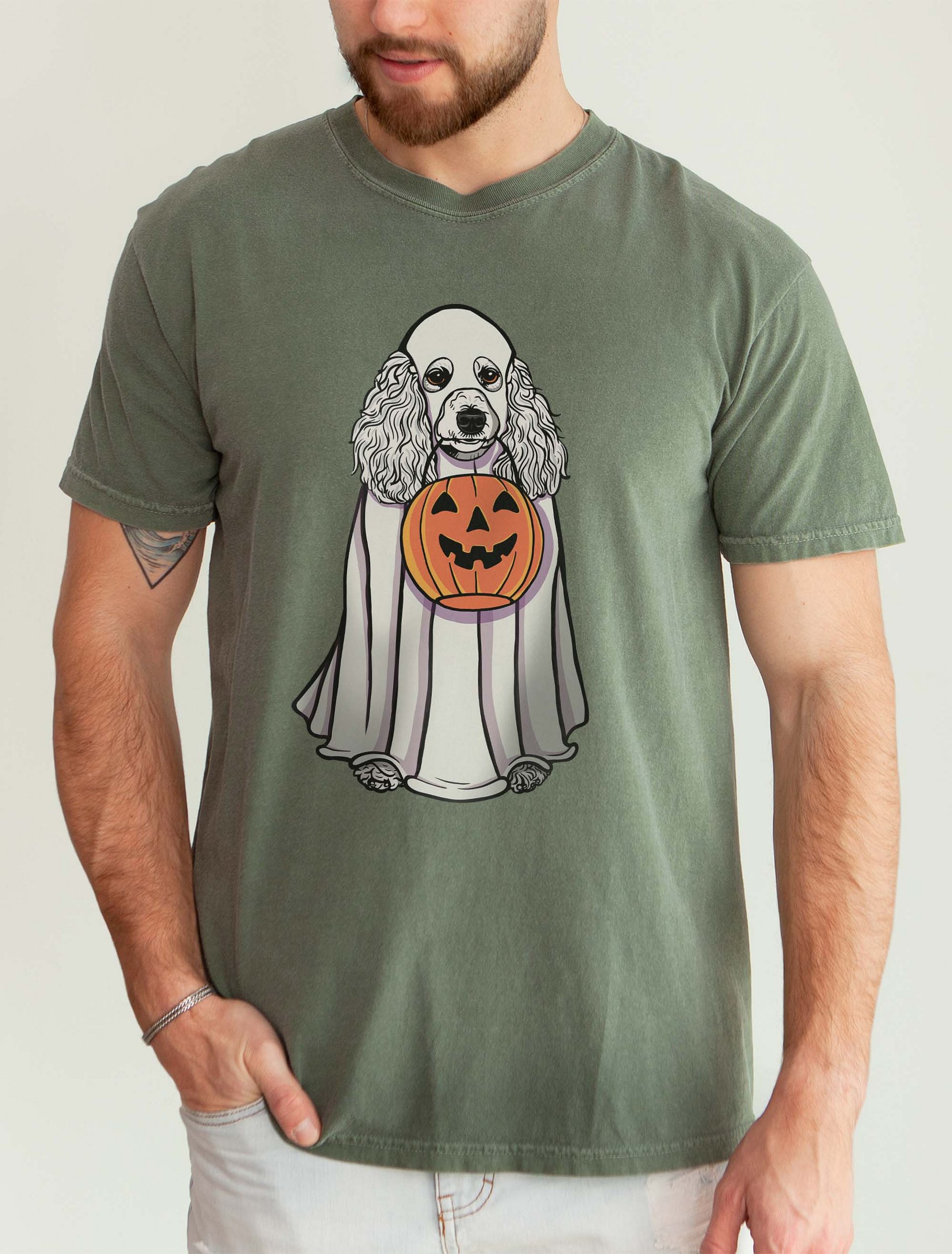 Funny Halloween Poodle(White) T-Shirt | Funny Papillon Wearing a Ghost Costume and Holding a Pumpkin Basket product image (2)