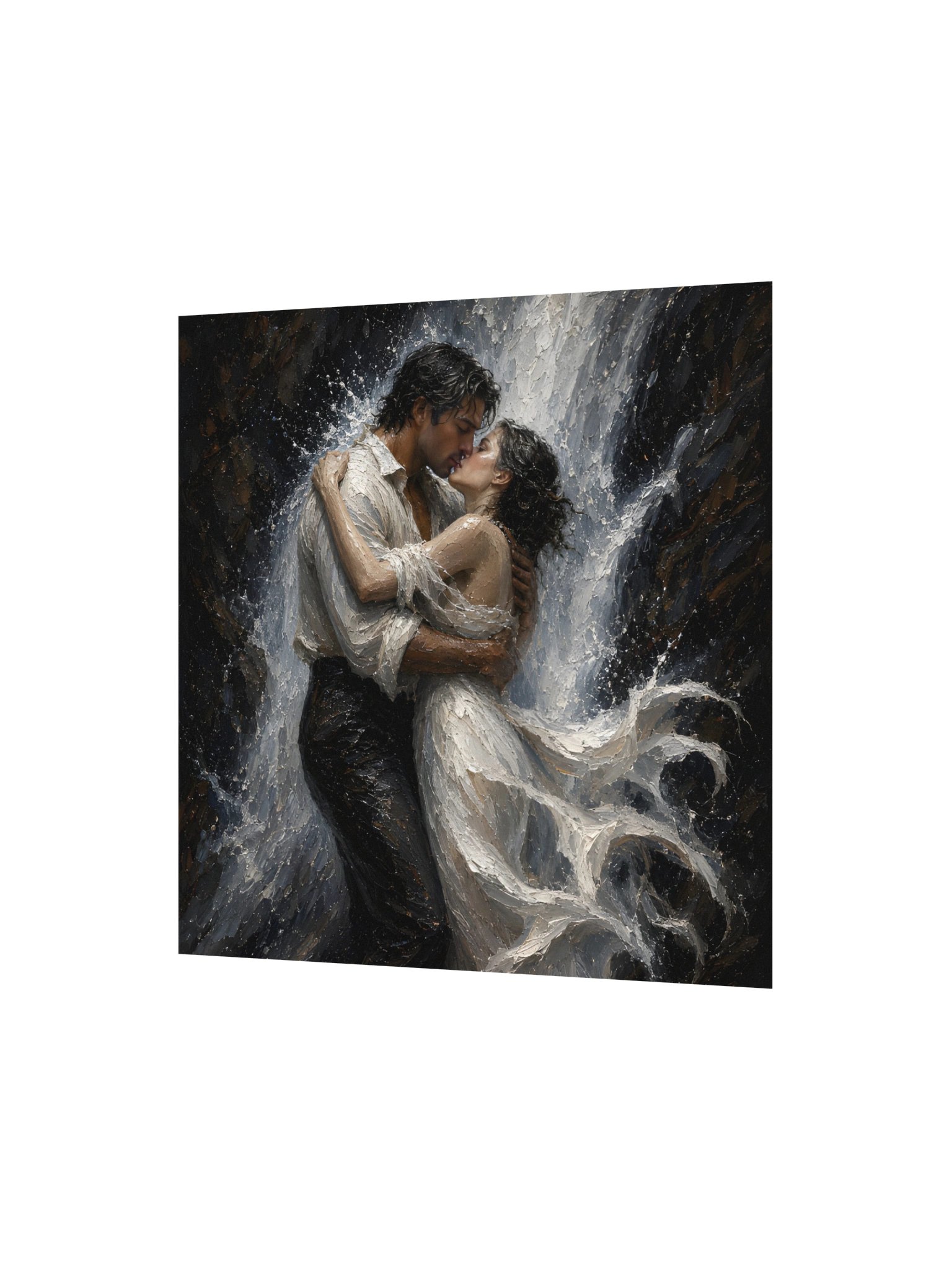 Expressionist Romantic Waterfall Couple Art Print, Passionate Kiss, 10x10 Love Wall Decor Gift product image (4)