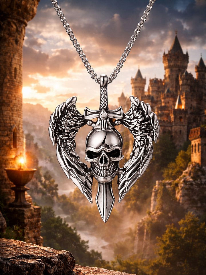 The Armored Kingdom Skullblade of Valor Necklace-with Winged Sword and Skull Design product image (1)