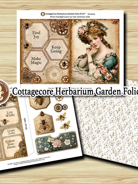 Victorian Steampunk Cottagecore Folio Printable Kit, 5x7 Trifold Herbarium Garden Journal Folders, 40+ Ephemera Cards & Steampunk Lace Pockets product image (2)