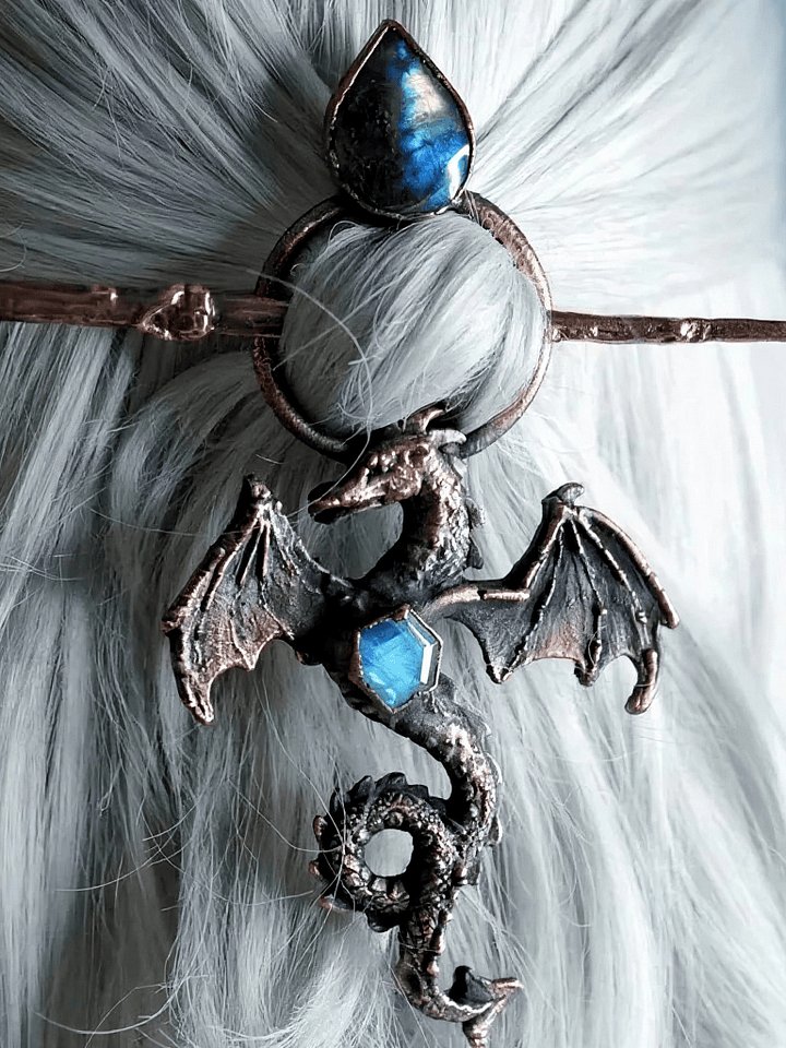 Viking Style Dragon Hair Pin with Labradorite and Moonstone product image (1)