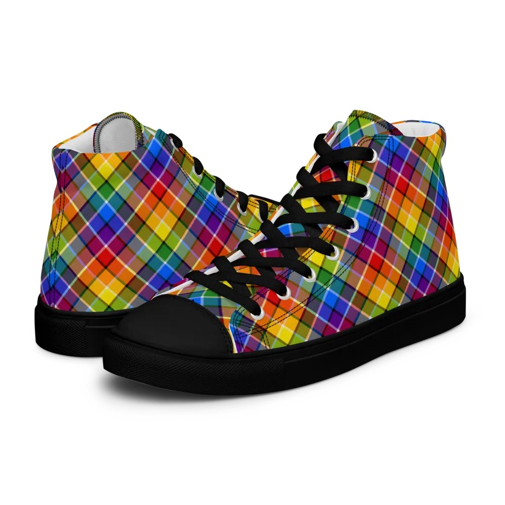 Bright Rainbow Plaid Men's High Top Shoes product image (8)