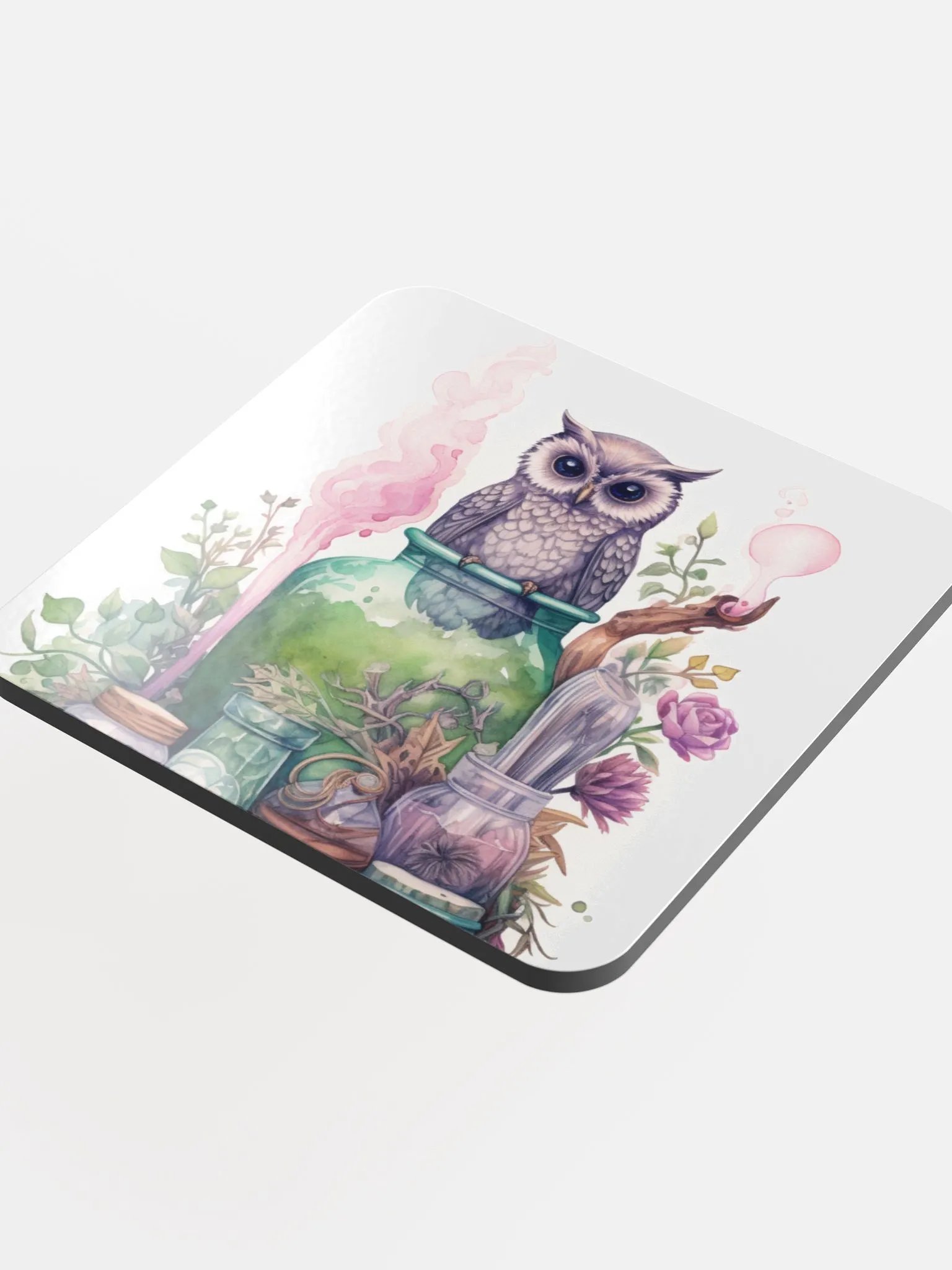 Glossed Cork Coaster 🦉 Peaceful Green with a Hint of Pink - Owls Vibes - Motif 3 product image (4)
