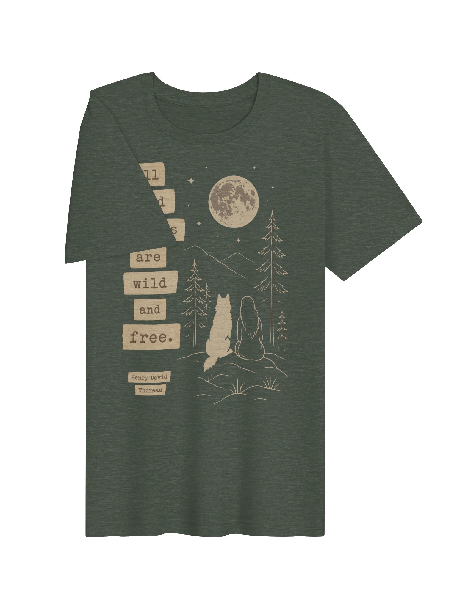 Henry David Thoreau Wild and Free Nature Shirt, Woman & Wolf Full Moon Graphic product image (4)