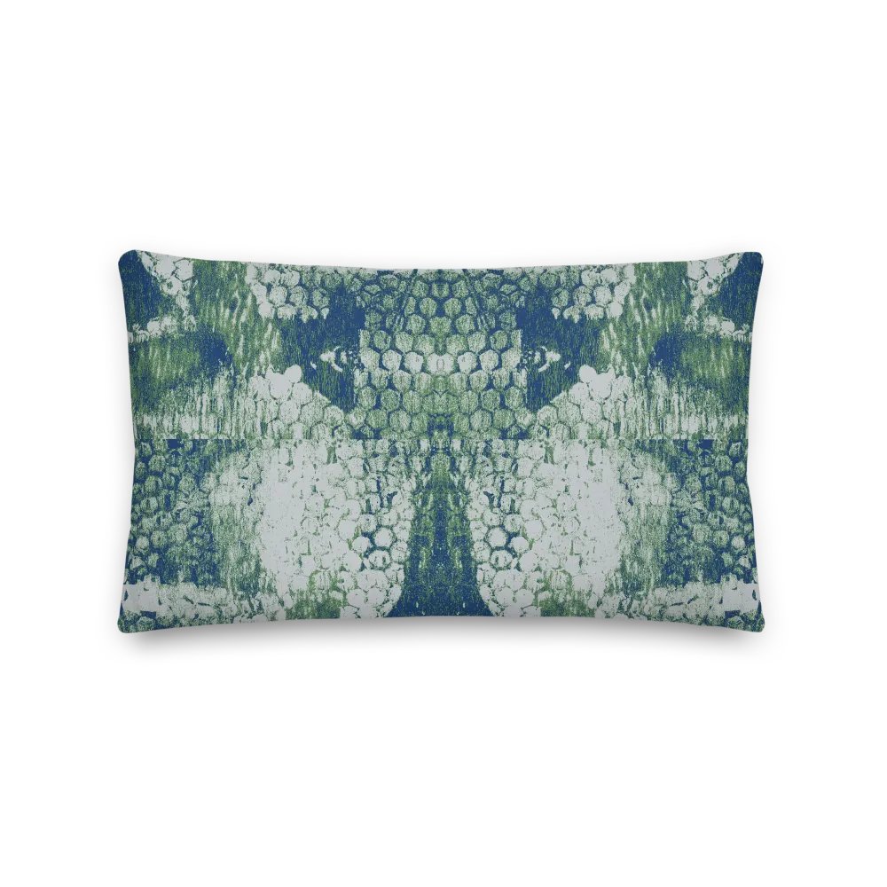 Honeycomb Grunge Throw Pillow in Mossy Green and Deep Blue on Bright Sand product image (2)