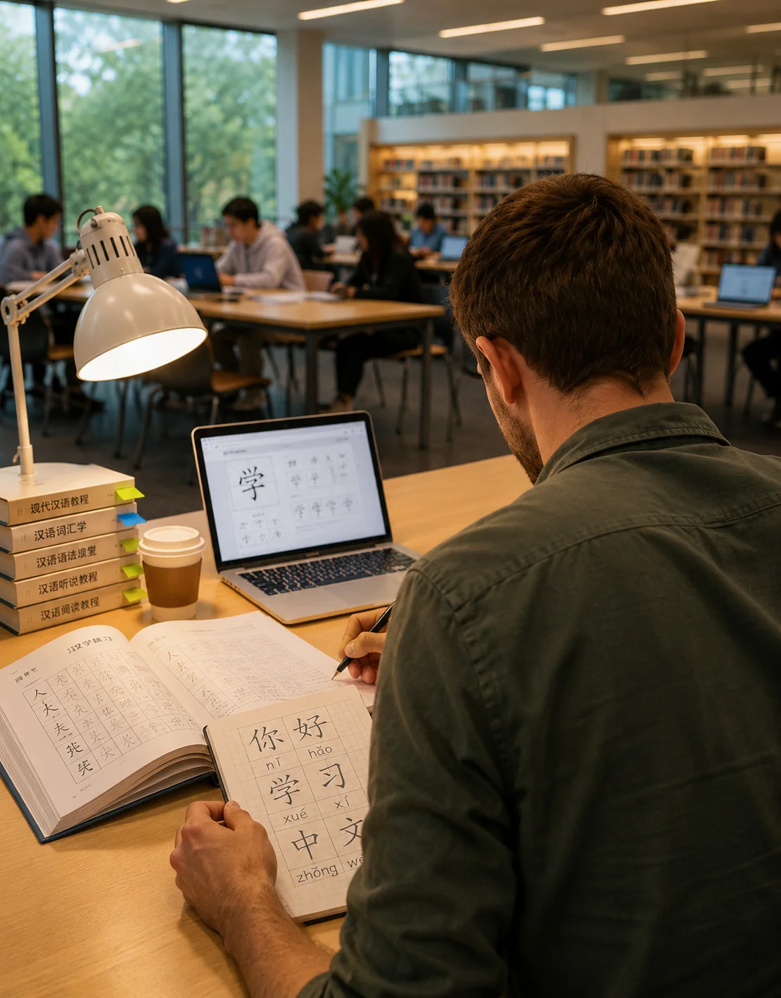 Student writing Chinese characters and pinyin in a notebook at a library desk