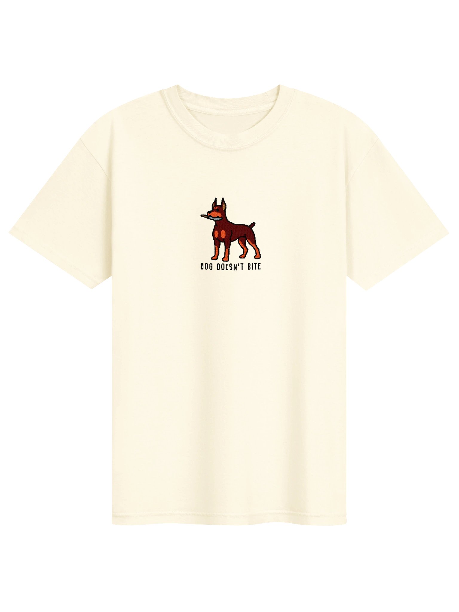 Dog Doesn't Bite Funny Chibi-Style Embroidered T-Shirt for Doberman Pinscher(Red & Tan, Cropped Ears) Owners product image (109)