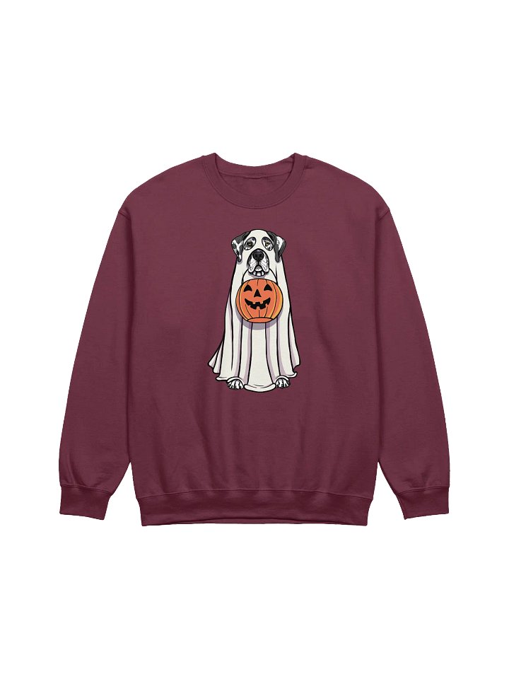 Funny Halloween Great Dane(Harlequin) Sweatshirt | Funny Great Dane Wearing a Ghost Costume and Holding a Pumpkin Basket product image (1)