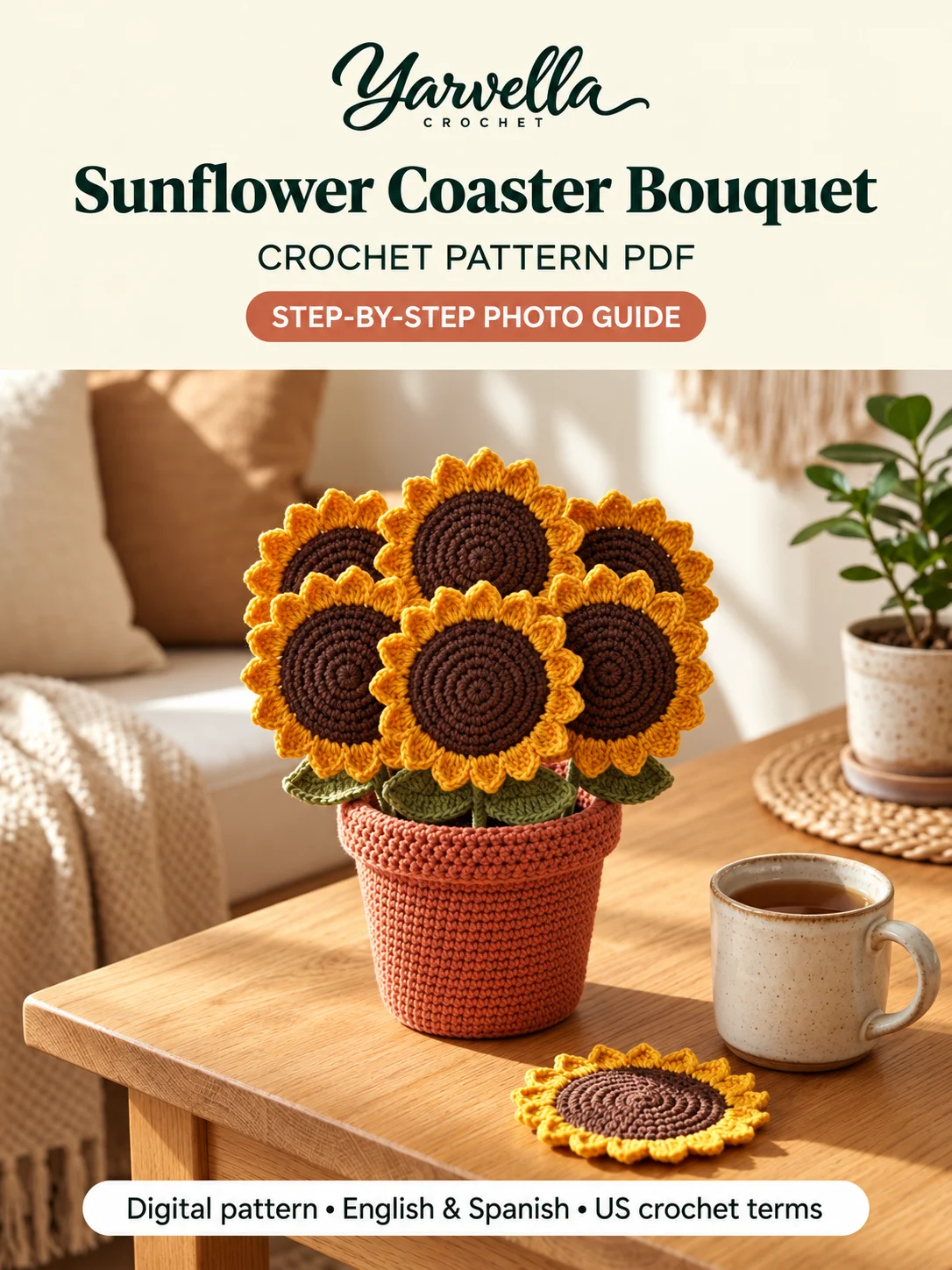 Sunflower Bouquet Coaster Set & Pot Crochet Pattern PDF – 2-in-1 Table Decor product image (3)