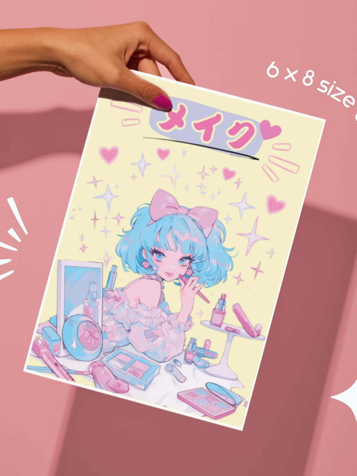 Retro 80's Anime Girl Print | Pastel Kawaii girl Art,Make-up Art Print | Kawaii Anime Art Postcard product image (6)