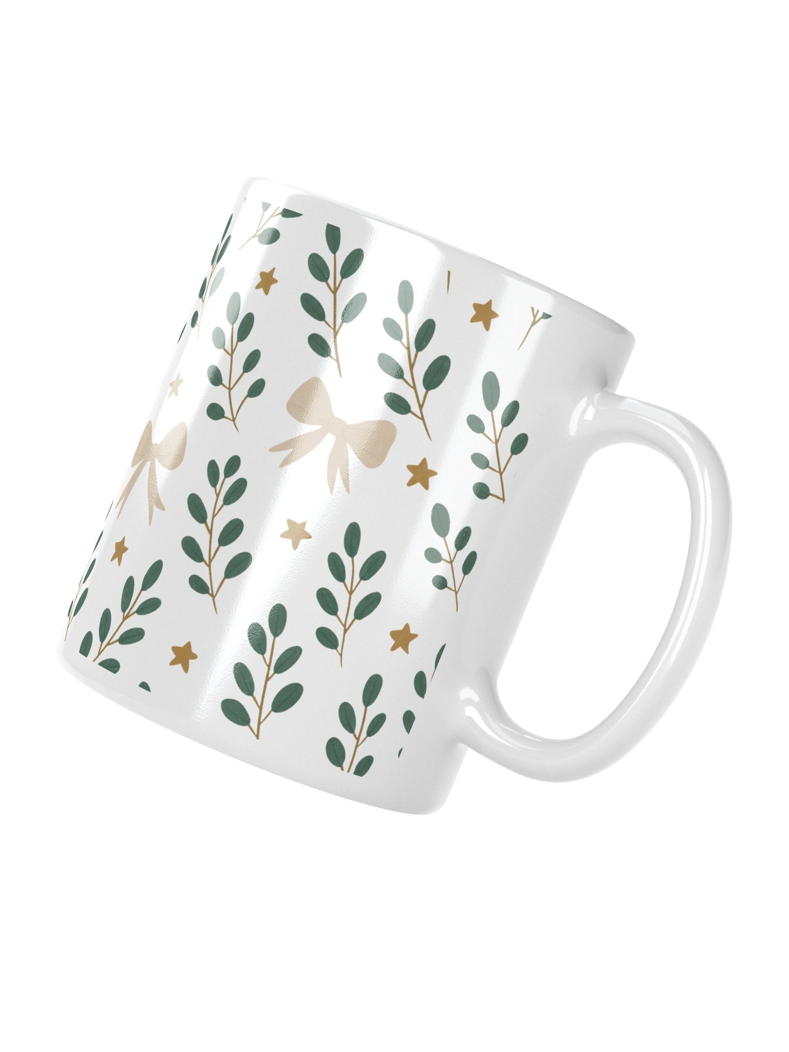 White glossy mug ribbons & stars botanical Christmas. Elegant botanical holiday mug product image (7)