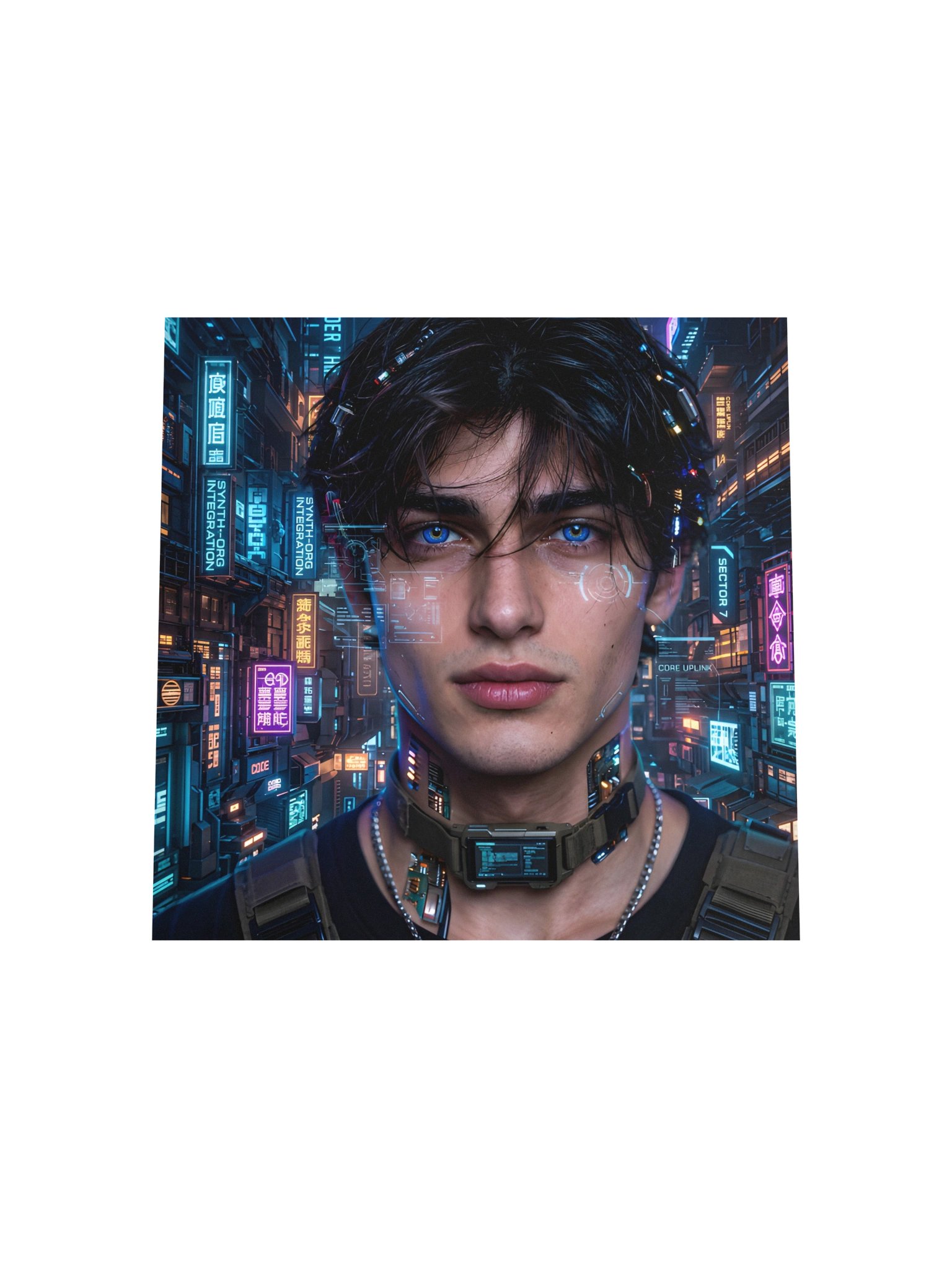 Cyberpunk Neon Man Poster, Futuristic Blue Eyes Sci-Fi Wall Art, Tech Bathroom Decor product image (6)