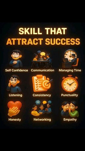 Skills That Attract Success 🚀

• Self-confidence
• Communication
• Time management
• Listening
• Consistency
• Punctuality
• ...