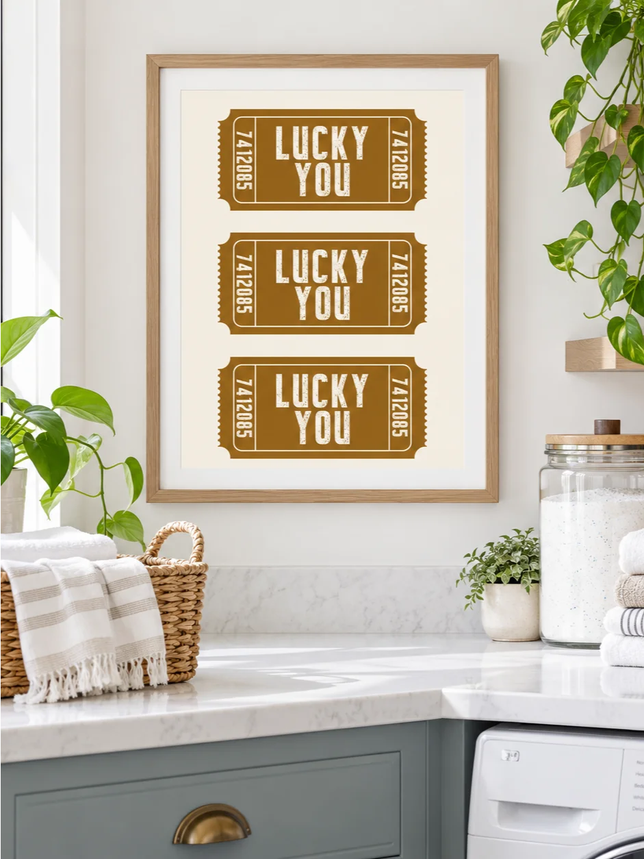 Lucky You Ticket Poster, Mustard Ochre Typography Wall Art, Retro Ticket Print, Cream Earth Tone Art, Printable Quote Art, Vintage Art Print product image (9)
