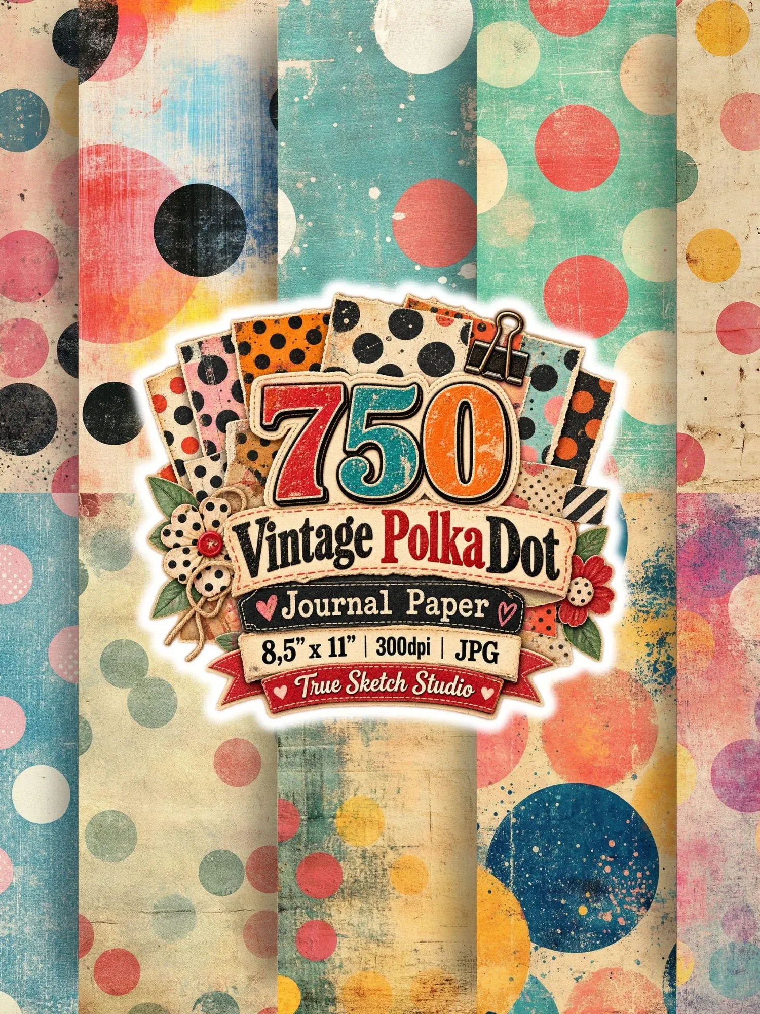 750 Vintage Polka Dot Digital Paper Bundle, Grunge Junk Journal Backgrounds, Retro Scrapbook Pages, US Letter 300DPI JPG, Printable Download product image (3)