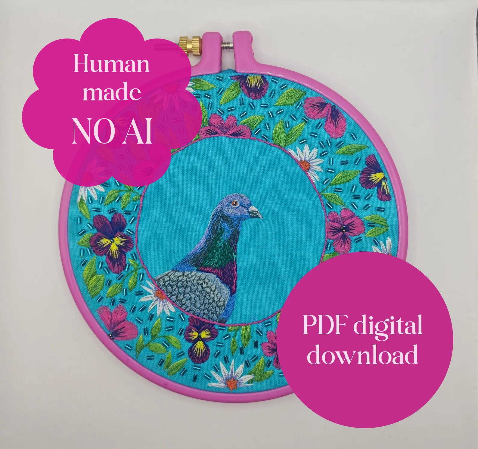 Detailed Pigeon Embroidery Pattern: Realistic Bird, Pansies & Beading Tutorial (PDF Download) product image (1)