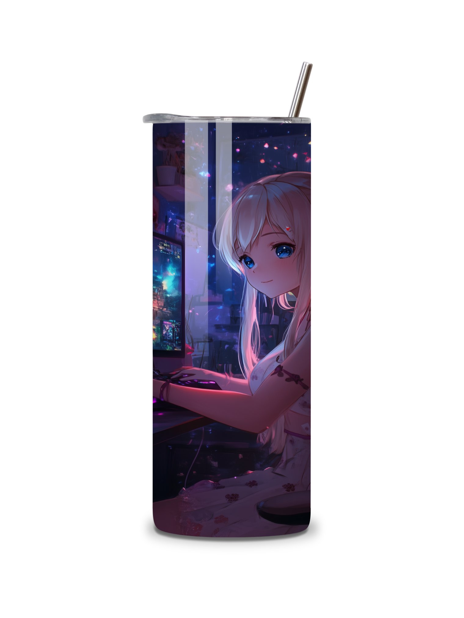 Anime Gamer Girl 20oz Skinny Tumbler with Metal Straw – Vibrant Gaming Setup Design – Double-Walled Insulated Stainless Steel Tumbler Gift for Anime and Gaming Fans (Anime Girl 4) product image (3)